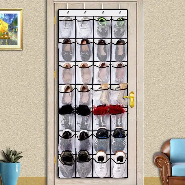 Alt view image 6 of 6 - REGELETO 2 Pack 28 Pocket Over the Door Shoe Organizer, Hanging Shoe Rack for Door Large Capacity Shoe Organizer Holder with 4 Metal Hooks (White-2Pack)