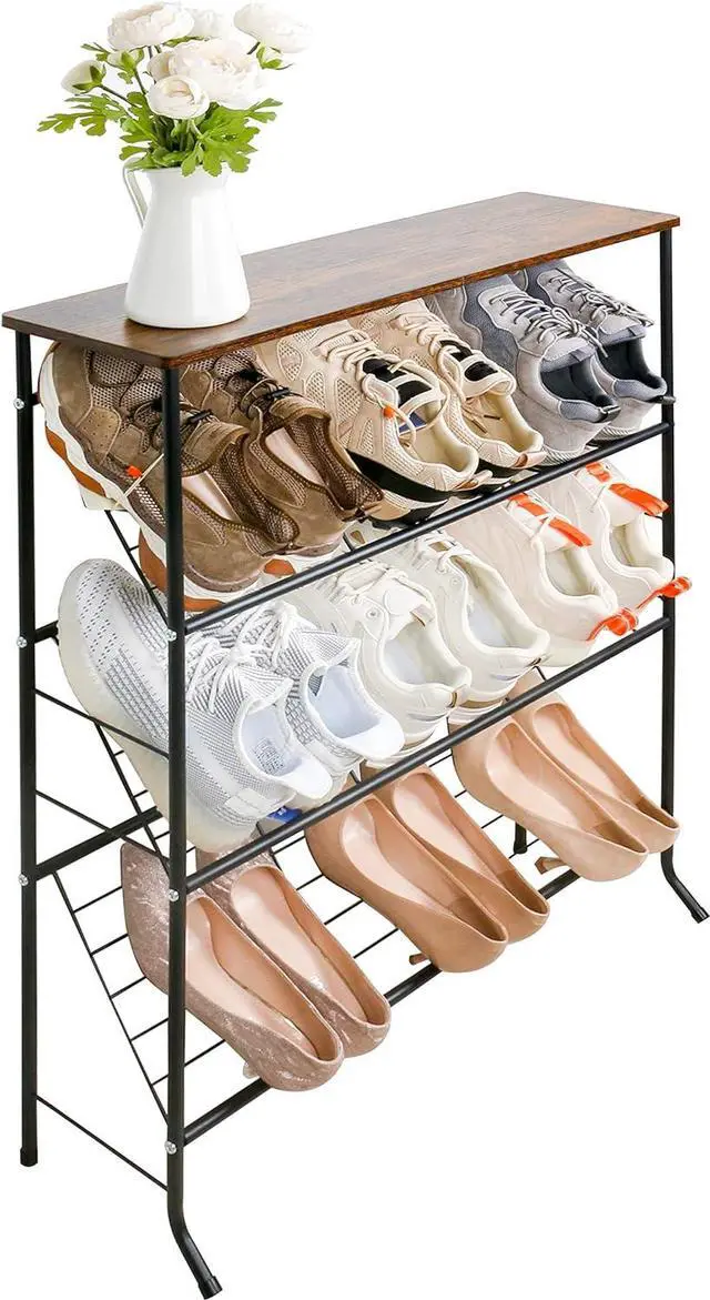 Main image of ZOES HOMEWARE Narrow Shoe Rack for Front Door Entrance,4-Tier Shoes Rack Storage Organizer with 3 Slanted Shelves and Top Shelf for Entryway,Skinny Space Saving Shoe Rack, Black