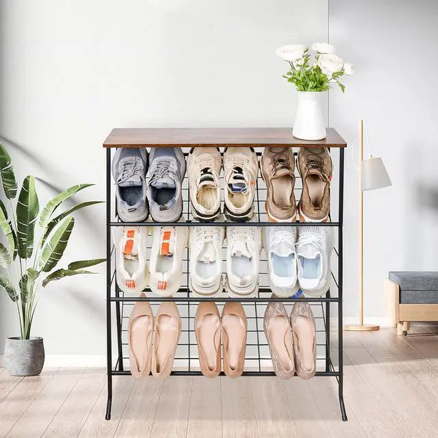Alt view image 2 of 7 - ZOES HOMEWARE Narrow Shoe Rack for Front Door Entrance,4-Tier Shoes Rack Storage Organizer with 3 Slanted Shelves and Top Shelf for Entryway,Skinny Space Saving Shoe Rack, Black