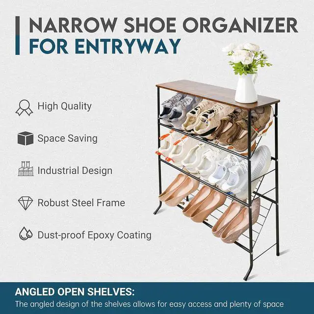Alt view image 4 of 7 - ZOES HOMEWARE Narrow Shoe Rack for Front Door Entrance,4-Tier Shoes Rack Storage Organizer with 3 Slanted Shelves and Top Shelf for Entryway,Skinny Space Saving Shoe Rack, Black