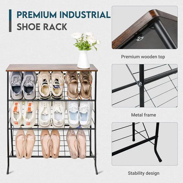 Alt view image 5 of 7 - ZOES HOMEWARE Narrow Shoe Rack for Front Door Entrance,4-Tier Shoes Rack Storage Organizer with 3 Slanted Shelves and Top Shelf for Entryway,Skinny Space Saving Shoe Rack, Black