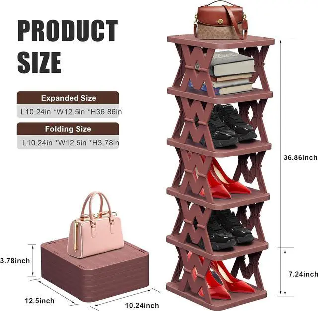 Alt view image 2 of 6 - Shoe Rack, 6 Tier Shoe Organizer Fake Wood Pattern, Foldable Small Shoe Storage Space Saving, Collapsible Shoe Organizer for Closet, Front Door Entrance, Entryway, Bedroom, Brown