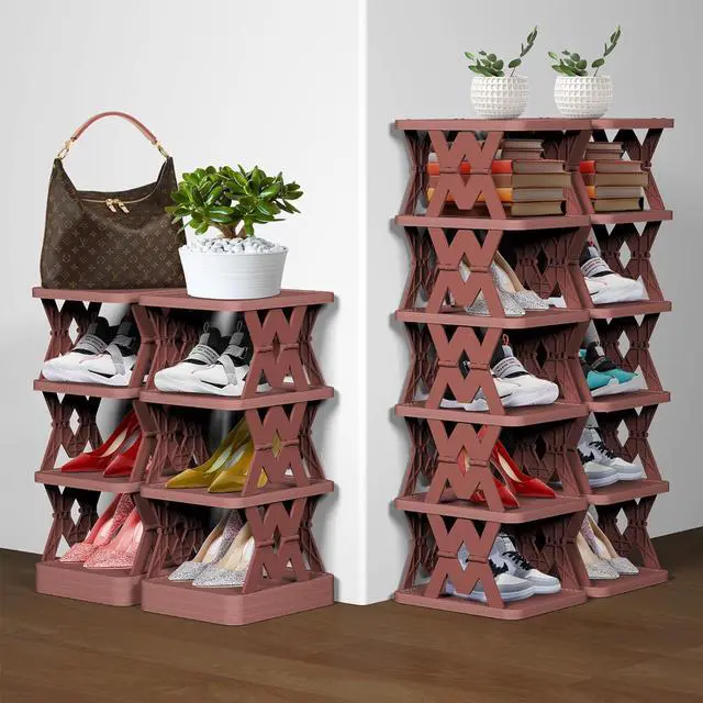Alt view image 4 of 6 - Shoe Rack, 6 Tier Shoe Organizer Fake Wood Pattern, Foldable Small Shoe Storage Space Saving, Collapsible Shoe Organizer for Closet, Front Door Entrance, Entryway, Bedroom, Brown