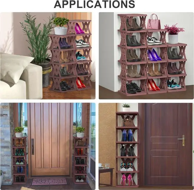 Alt view image 6 of 6 - Shoe Rack, 6 Tier Shoe Organizer Fake Wood Pattern, Foldable Small Shoe Storage Space Saving, Collapsible Shoe Organizer for Closet, Front Door Entrance, Entryway, Bedroom, Brown