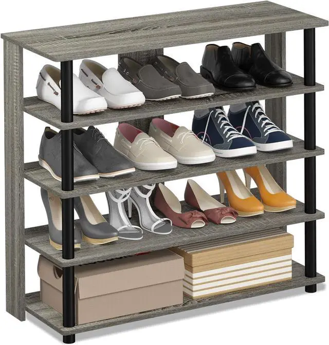 Main image of Furinno Turn-N-Tube 5 Tier Wide Shoe Rack, French Oak Grey/Black , 32 Inch
