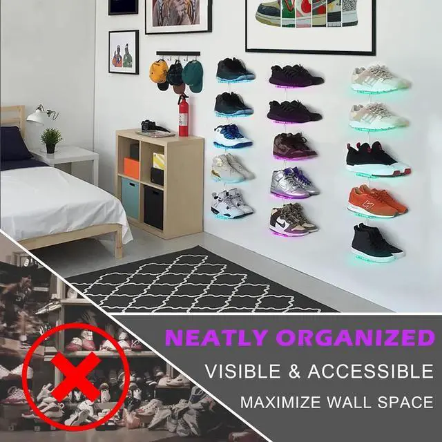 Alt view image 4 of 7 - Forzacx Floating Shoe Display Shelf with Lights Set of 5, Glow Color Changing Sneaker Shelf- Display Your Top Shoes, Sturdy Levitating Shoe Wall Shelf Easy to Install, for Bedroom, playroom etc