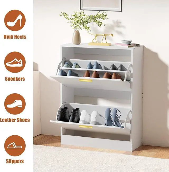 Alt view image 4 of 7 - JOZZBY Modern Shoe Cabinet Storage with 2 Flip Drawers, WhiteSlim Freestanding Narrow Shoe Organizer, Shoe Rack Cabinet for Hallway, Living Room, Entryway