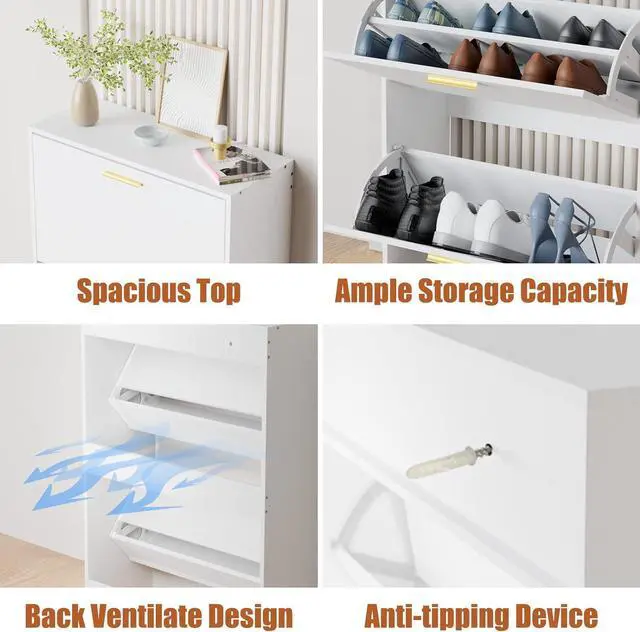 Alt view image 6 of 7 - JOZZBY Modern Shoe Cabinet Storage with 2 Flip Drawers, WhiteSlim Freestanding Narrow Shoe Organizer, Shoe Rack Cabinet for Hallway, Living Room, Entryway