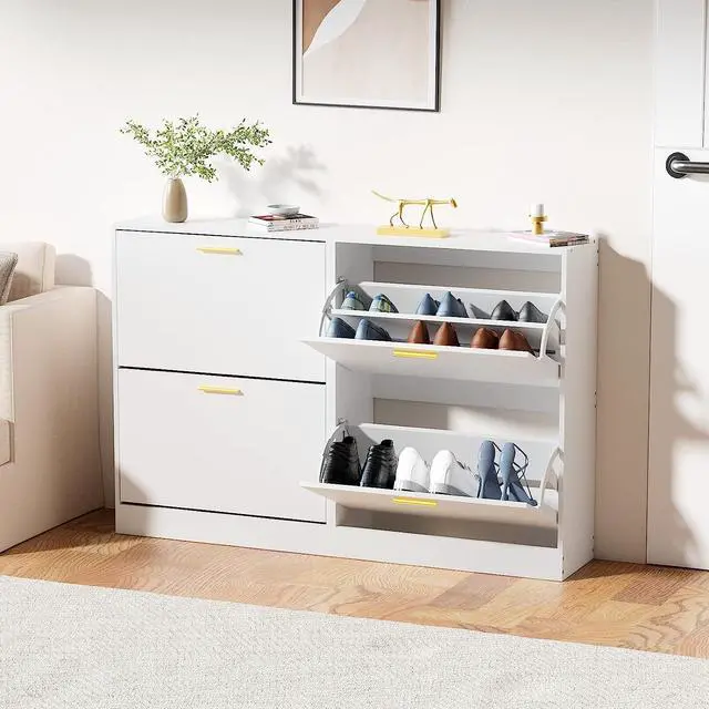 Alt view image 7 of 7 - JOZZBY Modern Shoe Cabinet Storage with 2 Flip Drawers, WhiteSlim Freestanding Narrow Shoe Organizer, Shoe Rack Cabinet for Hallway, Living Room, Entryway