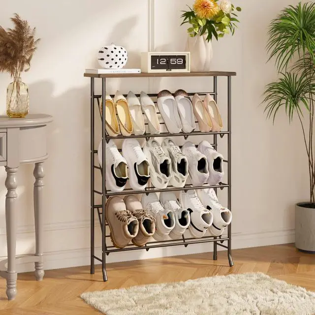 Alt view image 4 of 7 - JZM Shoe Rack Storage, Narrow 4 Tier Metal Shoe Storage Shelf, Free Standing Shoe Racks, Space Saving Shoe Rack Organizer for Entryway, Hallway, Bedroom, Living Room(12-16 Pair)
