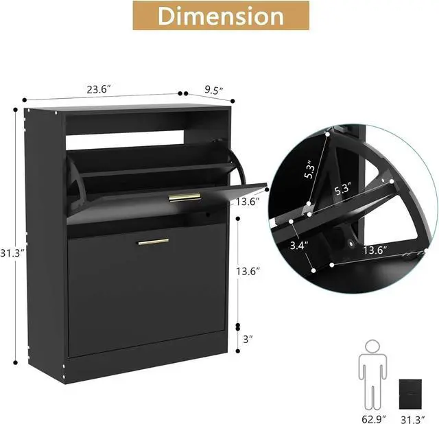 Alt view image 2 of 7 - LYNSOM Modern Entryway Shoe Cabinet with 2 Flip Drawers and Top Display, BlackFree Standing Tipping Bucket Shoe Rack Organizer, Narrow Slim Hidden Shoe Cabinet for Hallway, Livingroom
