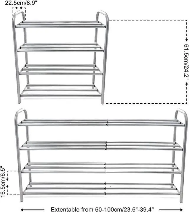 Alt view image 2 of 7 - 4 Tier Extendable Long Shoe Rack for Closet Shoe Organiser Strong and Sturdy Heavy Duty Metal Shoe Shelf Holds 20+ Pairs (60-100) x 22,5 x 61,5 cm