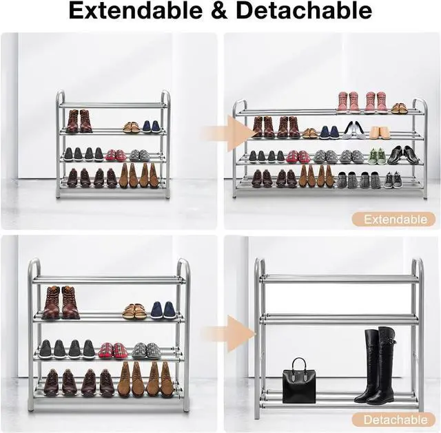 Alt view image 3 of 7 - 4 Tier Extendable Long Shoe Rack for Closet Shoe Organiser Strong and Sturdy Heavy Duty Metal Shoe Shelf Holds 20+ Pairs (60-100) x 22,5 x 61,5 cm