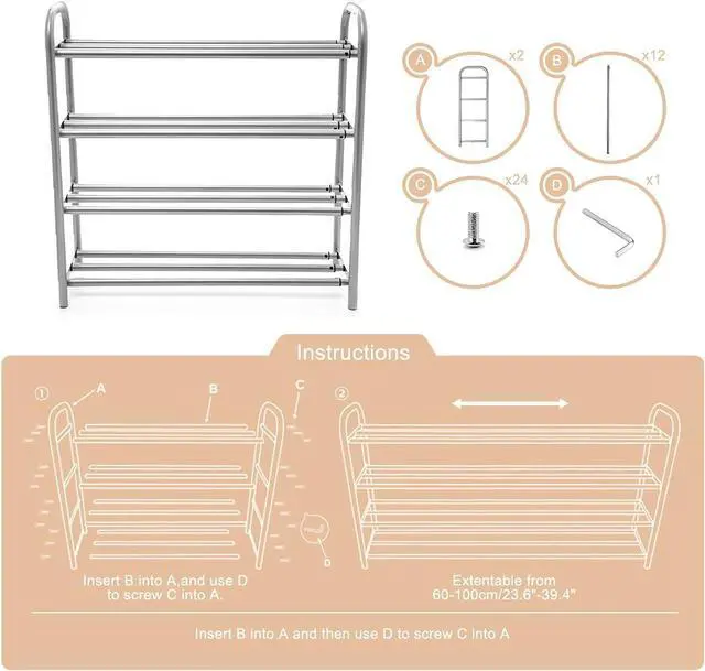 Alt view image 7 of 7 - 4 Tier Extendable Long Shoe Rack for Closet Shoe Organiser Strong and Sturdy Heavy Duty Metal Shoe Shelf Holds 20+ Pairs (60-100) x 22,5 x 61,5 cm