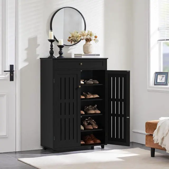 Alt view image 5 of 7 - Topeakmart Shoe Rack Storage Cabinet with Louvered Door for Entryway Black
