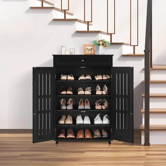 Alt view image 4 of 7 - Topeakmart Shoe Rack Storage Cabinet with Louvered Door for Entryway Black