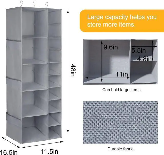 Alt view image 2 of 7 - Libeder Shoe Organizer for Closet, 15 Shelf Hanging Closet Storage Shelves - 10 Shoe Rack Organizer and 5 Compartment for Clothes with 6 Side Mesh Pockets for Scarves Socks,Gloves, Grey