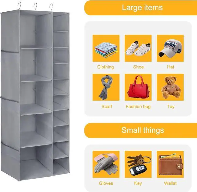 Alt view image 4 of 7 - Libeder Shoe Organizer for Closet, 15 Shelf Hanging Closet Storage Shelves - 10 Shoe Rack Organizer and 5 Compartment for Clothes with 6 Side Mesh Pockets for Scarves Socks,Gloves, Grey