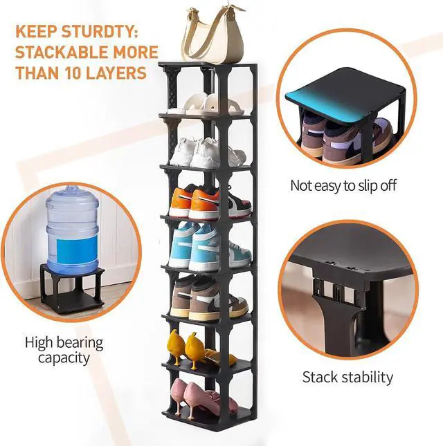 Alt view image 3 of 7 - 5 Tiers Vertical Shoe Rack, Narrow Free Standing Shoe Storage Organizer for Entryway and Small Closet, Stackable Shoe Holder Shelf Stability DIY, Black
