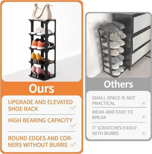 Alt view image 4 of 7 - 5 Tiers Vertical Shoe Rack, Narrow Free Standing Shoe Storage Organizer for Entryway and Small Closet, Stackable Shoe Holder Shelf Stability DIY, Black