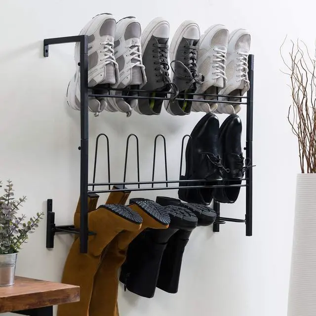 Alt view image 2 of 7 - MyGift Black Metal Wall Mounted Shoe Rack Organizer, Holds 9 Pairs