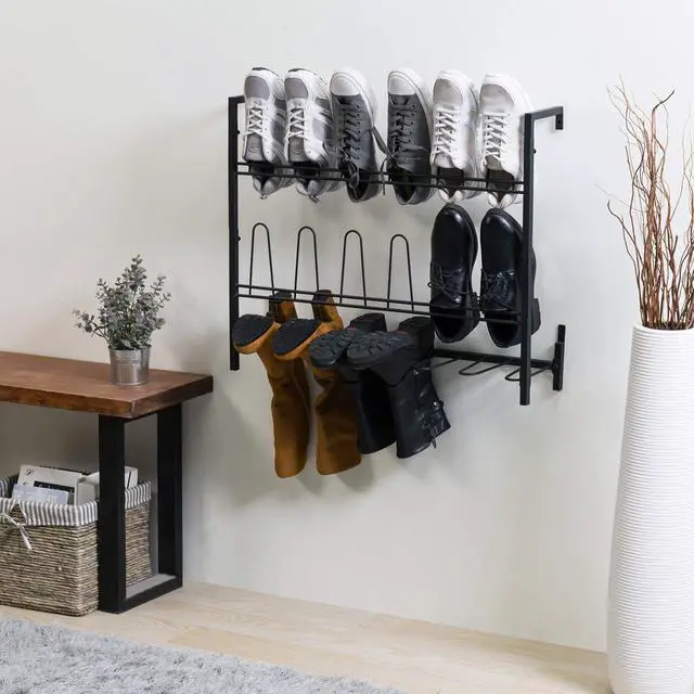 Alt view image 3 of 7 - MyGift Black Metal Wall Mounted Shoe Rack Organizer, Holds 9 Pairs