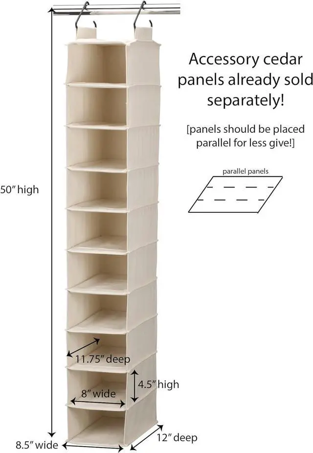 Alt view image 3 of 5 - Household Essentials Hanging Shoe Organizer, 10 Wide Cubbies with Cedarline Pockets, Heavy-Duty Cotton Canvas, Removable and Industrial Hooks, Natural