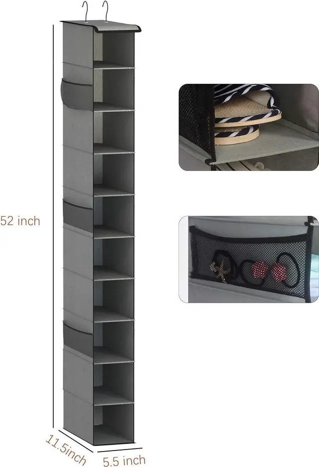 Alt view image 3 of 5 - 10-Tier Hanging Closet Shoe Organizer, with Side Pockets, Grey