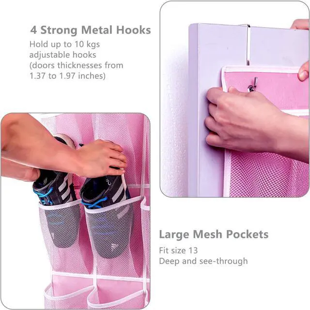 Alt view image 4 of 7 - KEEPJOY 28 Pocket Over The Door Shoe Organizer, 2Pack Hanging Shoe Organizer for Door, Hanging Door Shoe Holder Rack with Mesh Pockets Large Size 65 x 23 inch (Pink-2Pack)