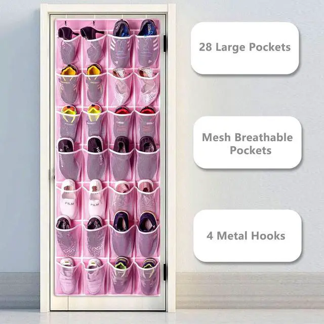 Alt view image 5 of 7 - KEEPJOY 28 Pocket Over The Door Shoe Organizer, 2Pack Hanging Shoe Organizer for Door, Hanging Door Shoe Holder Rack with Mesh Pockets Large Size 65 x 23 inch (Pink-2Pack)
