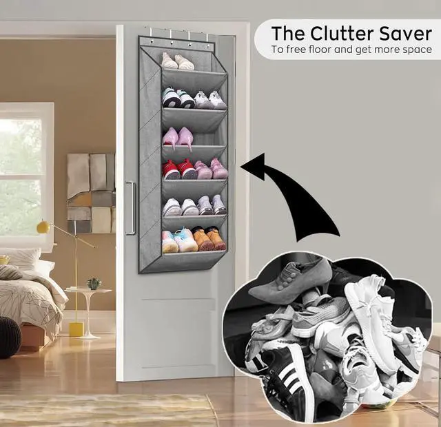 Alt view image 6 of 7 - SLEEPING LAMB Over The Door Shoe Organizer for Closet with Large Deep Pockets, Narrow Shoe Rack for Door Hanging Boots Storage, Grey