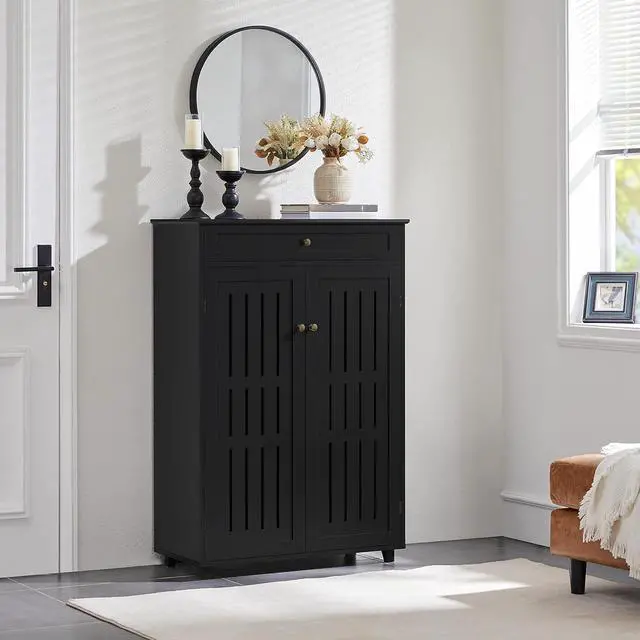 Alt view image 2 of 7 - Topeakmart Shoe Rack Storage Cabinet with Louvered Door for Entryway Black