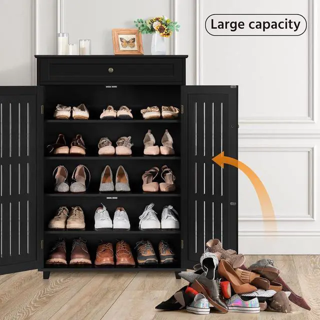 Alt view image 6 of 7 - Topeakmart Shoe Rack Storage Cabinet with Louvered Door for Entryway Black