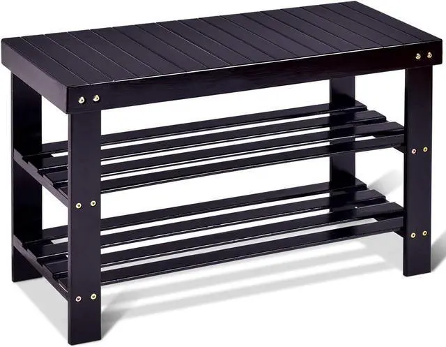 Main image of GOFLAME Shoe Bench Rack, 2-Tier Bamboo Seat Storage Shelf, Free Standing Shoe Storage Bench with Stylish and Modern Design, Shoe Organizer for Décor Entryway, Hallway, Living Room, Bathroom (Black)