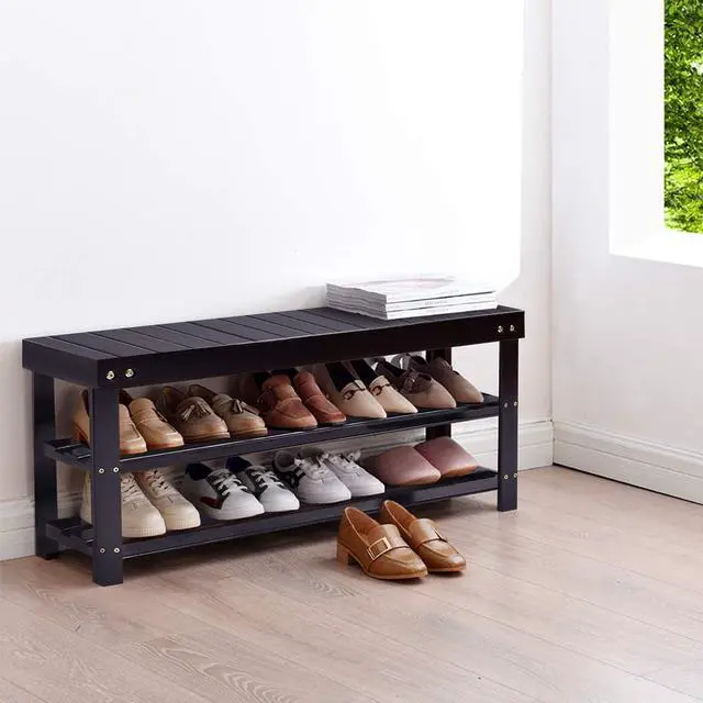 Alt view image 4 of 7 - GOFLAME Shoe Bench Rack, 2-Tier Bamboo Seat Storage Shelf, Free Standing Shoe Storage Bench with Stylish and Modern Design, Shoe Organizer for Décor Entryway, Hallway, Living Room, Bathroom (Black)