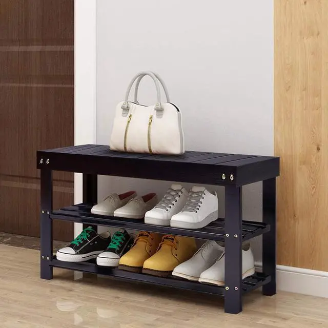 Alt view image 2 of 7 - GOFLAME Shoe Bench Rack, 2-Tier Bamboo Seat Storage Shelf, Free Standing Shoe Storage Bench with Stylish and Modern Design, Shoe Organizer for Décor Entryway, Hallway, Living Room, Bathroom (Black)