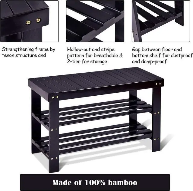 Alt view image 5 of 7 - GOFLAME Shoe Bench Rack, 2-Tier Bamboo Seat Storage Shelf, Free Standing Shoe Storage Bench with Stylish and Modern Design, Shoe Organizer for Décor Entryway, Hallway, Living Room, Bathroom (Black)