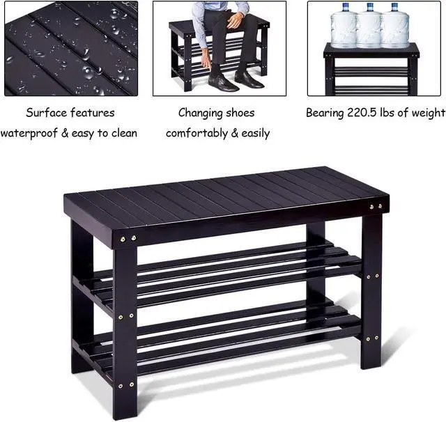 Alt view image 6 of 7 - GOFLAME Shoe Bench Rack, 2-Tier Bamboo Seat Storage Shelf, Free Standing Shoe Storage Bench with Stylish and Modern Design, Shoe Organizer for Décor Entryway, Hallway, Living Room, Bathroom (Black)