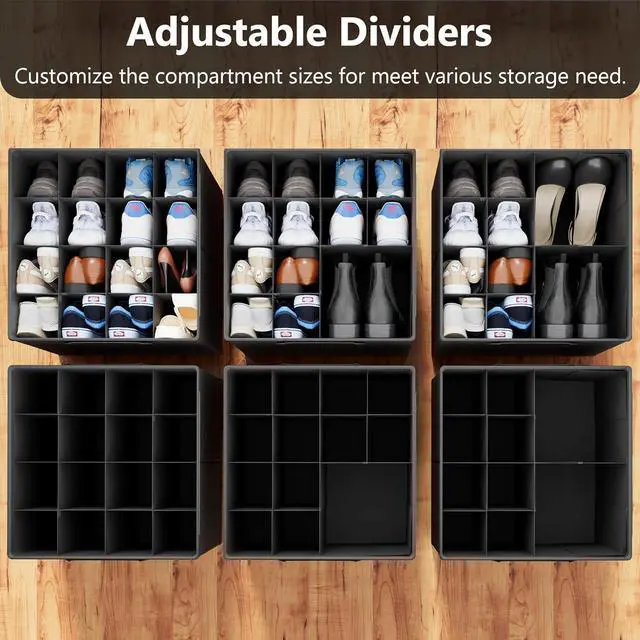 Alt view image 2 of 6 - SUOCO 2 Pack Shoe Organizer for Closet, Fits up to 32 Pairs, Small Space Shoe Storage Boxes Bins Containers w/Adjustable Dividers and Clear Top, Black