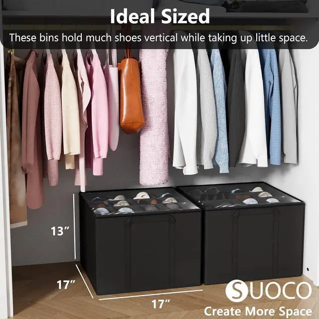 Alt view image 4 of 6 - SUOCO 2 Pack Shoe Organizer for Closet, Fits up to 32 Pairs, Small Space Shoe Storage Boxes Bins Containers w/Adjustable Dividers and Clear Top, Black