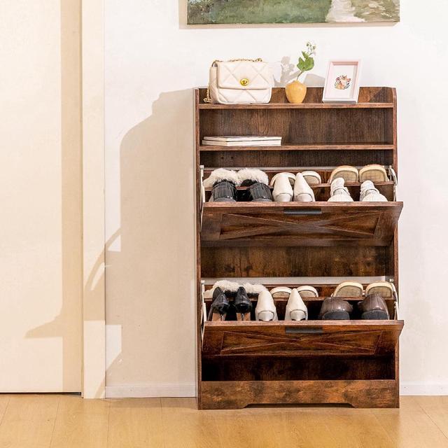 Freestanding Shoe Storage Cabinet for Entryway, Wooden Narrow Shoe Rack Organizer - Rustic Brown