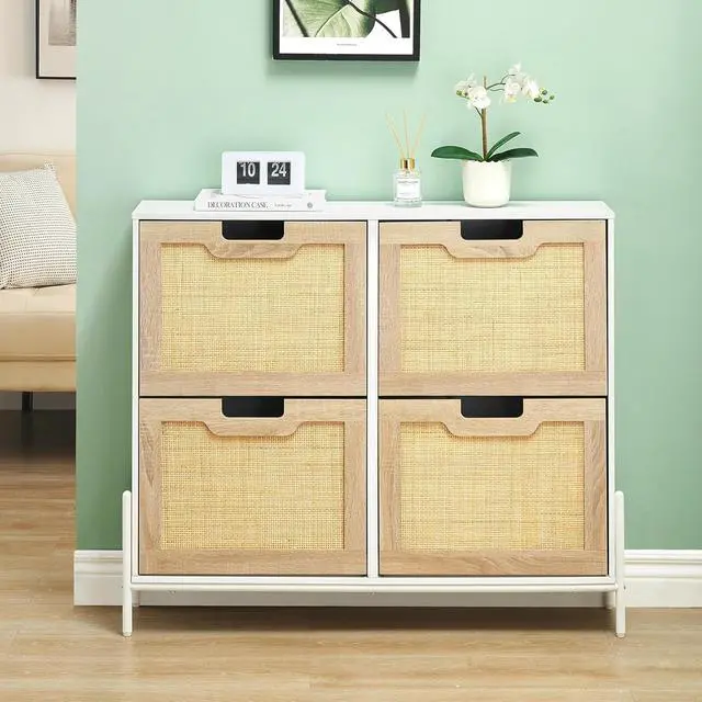 Main image of GAOMON Natural Rattan 4 Flip Door Shoe Rack Storage Cabinet, Shoe Cabinet Organizer Freestanding with 3-Tier Adjustable Shelves for Entryway, Entrance Hallway (4 Flip Doors, White)