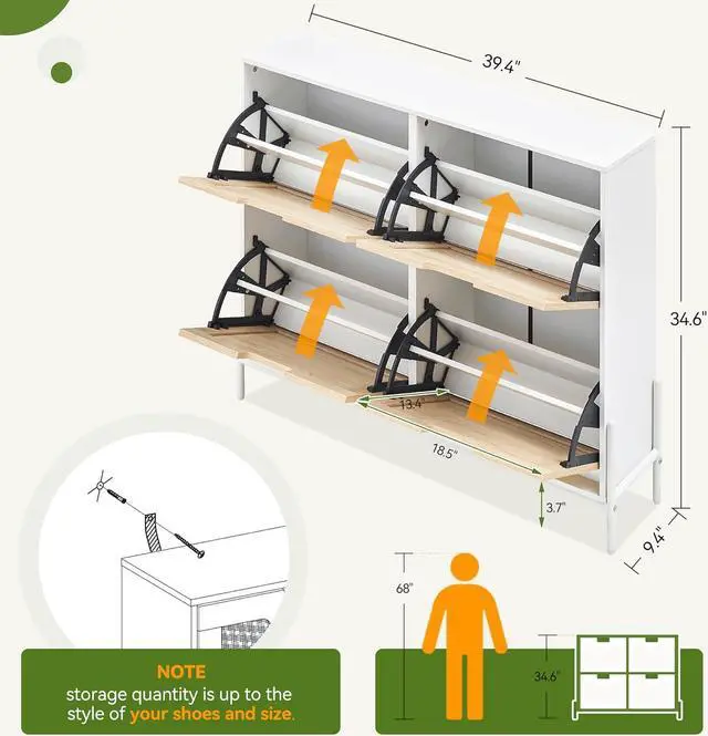Alt view image 2 of 7 - GAOMON Natural Rattan 4 Flip Door Shoe Rack Storage Cabinet, Shoe Cabinet Organizer Freestanding with 3-Tier Adjustable Shelves for Entryway, Entrance Hallway (4 Flip Doors, White)