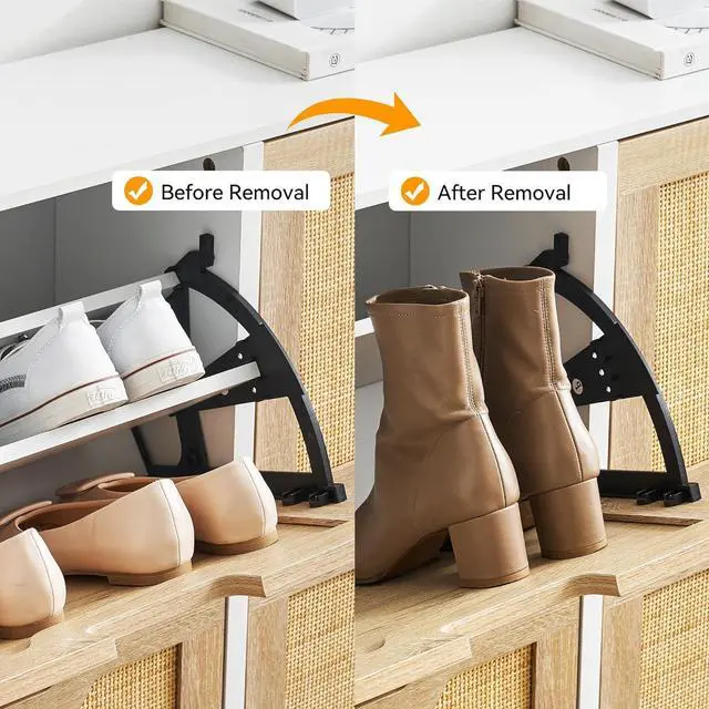 Alt view image 5 of 7 - GAOMON Natural Rattan 4 Flip Door Shoe Rack Storage Cabinet, Shoe Cabinet Organizer Freestanding with 3-Tier Adjustable Shelves for Entryway, Entrance Hallway (4 Flip Doors, White)