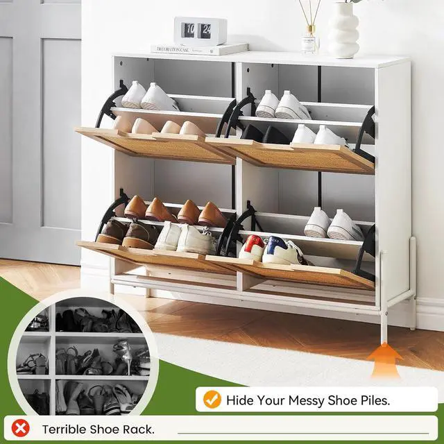 Alt view image 6 of 7 - GAOMON Natural Rattan 4 Flip Door Shoe Rack Storage Cabinet, Shoe Cabinet Organizer Freestanding with 3-Tier Adjustable Shelves for Entryway, Entrance Hallway (4 Flip Doors, White)