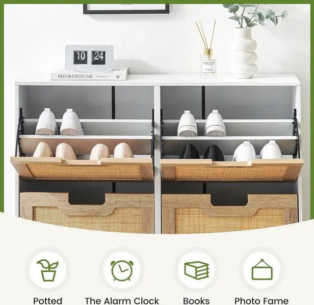 Alt view image 7 of 7 - GAOMON Natural Rattan 4 Flip Door Shoe Rack Storage Cabinet, Shoe Cabinet Organizer Freestanding with 3-Tier Adjustable Shelves for Entryway, Entrance Hallway (4 Flip Doors, White)