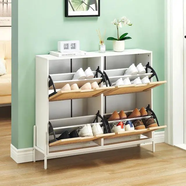 Alt view image 3 of 7 - GAOMON Natural Rattan 4 Flip Door Shoe Rack Storage Cabinet, Shoe Cabinet Organizer Freestanding with 3-Tier Adjustable Shelves for Entryway, Entrance Hallway (4 Flip Doors, White)