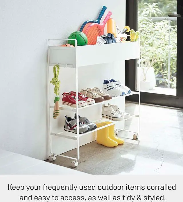Alt view image 2 of 7 - YAMAZAKI Home Rolling Entryway Storage Rack for Shoes, Gear and Toys, White