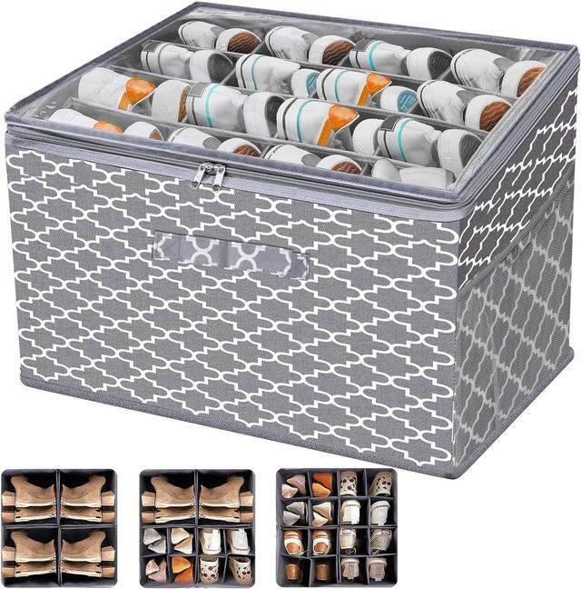 CARSHAM Shoe Storage Organizer for Closet - Fits 16 Pairs, Foldable Shoe Box, Large Shoe Containers with Adjustable Dividers, Clear Cover & 2 Mesh POC