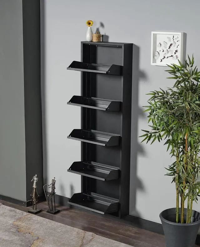 Alt view image 2 of 5 - Flip Drawer Shoe Cabinet, Storage Organizer, Freestanding Shoe Rack, Wall Mounted No-Assembly (Black, 5 Drawer)